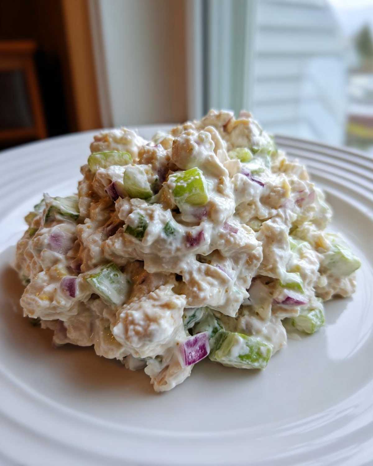 Close-up of a mound of creamy cottage cheese chicken salad with visible chunks of celery and red onion on a white plate.
