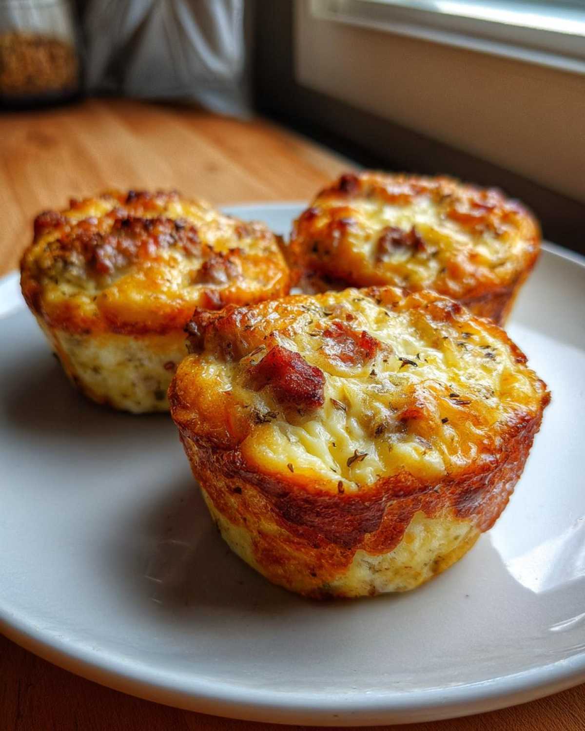 Three golden-brown cottage cheese egg cups starbucks style, baked until fluffy and topped with melted cheese and herbs.