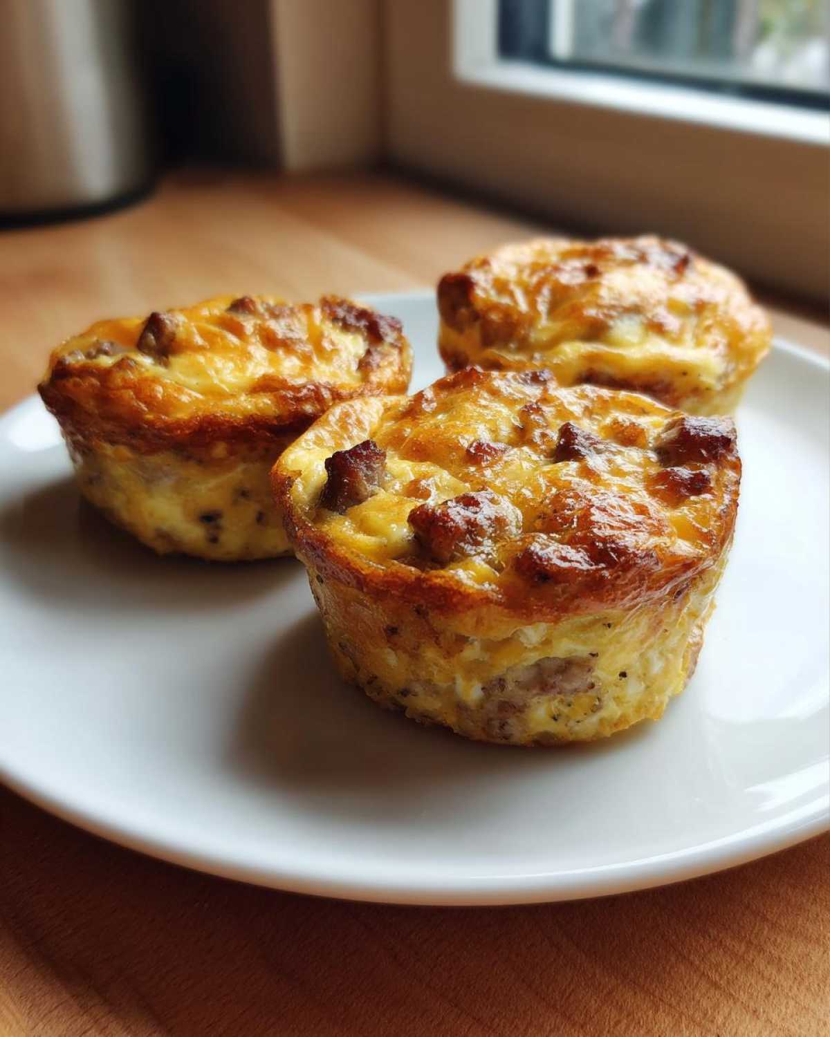 Three golden-brown cottage cheese egg cups starbucks hack style, served on a white plate.