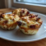 Three golden-brown cottage cheese egg cups starbucks hack style on a white plate near a window.