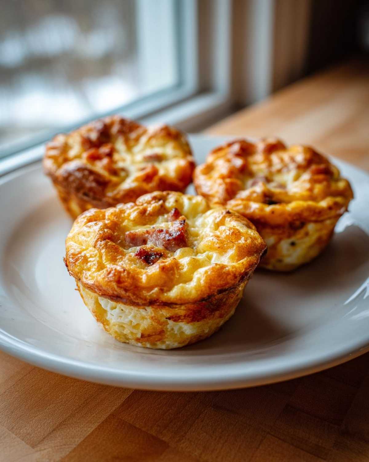 Three golden brown cottage cheese egg cups starbucks style, baked with bits of ham, served on a white plate.