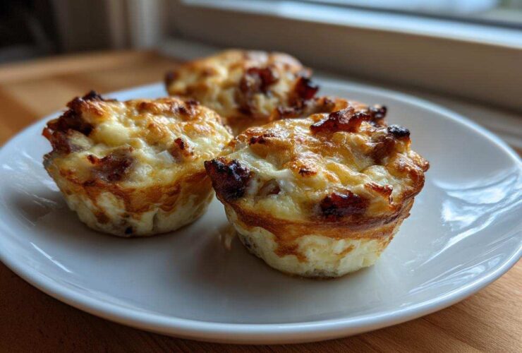 Three golden-brown cottage cheese egg cups starbucks hack style on a white plate near a window.