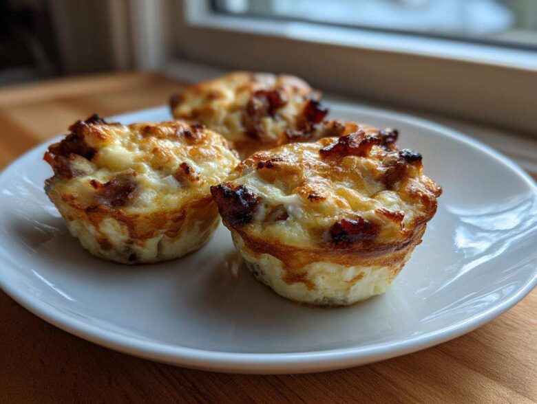 Three golden-brown cottage cheese egg cups starbucks hack style on a white plate near a window.