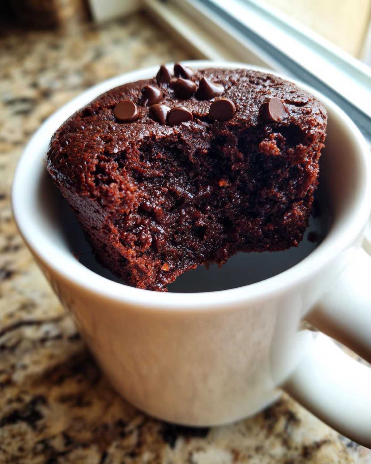 Close-up of a rich, dark chocolate Cottage Cheese Microwave Brownie with chocolate chips, partially eaten, sitting in a white mug.
