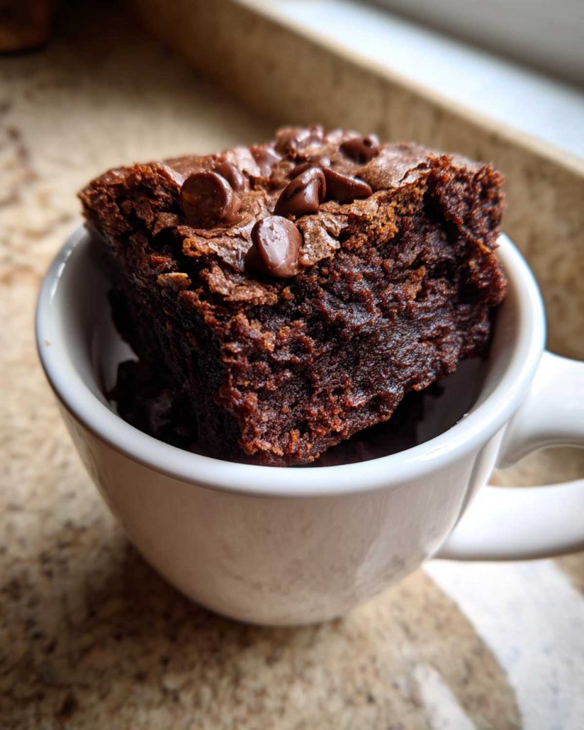 A rich, fudgy Cottage Cheese Microwave Brownie topped with chocolate chips, served in a white mug.