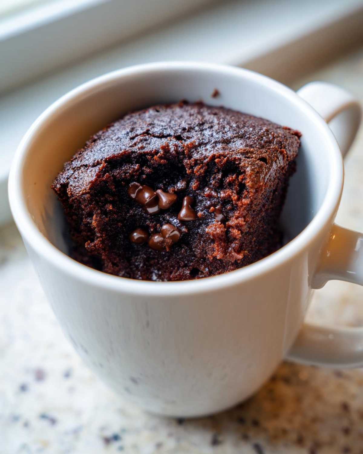 Close-up of a rich, dark chocolate Cottage Cheese Microwave Brownie baked inside a white mug with melted chocolate chips visible.
