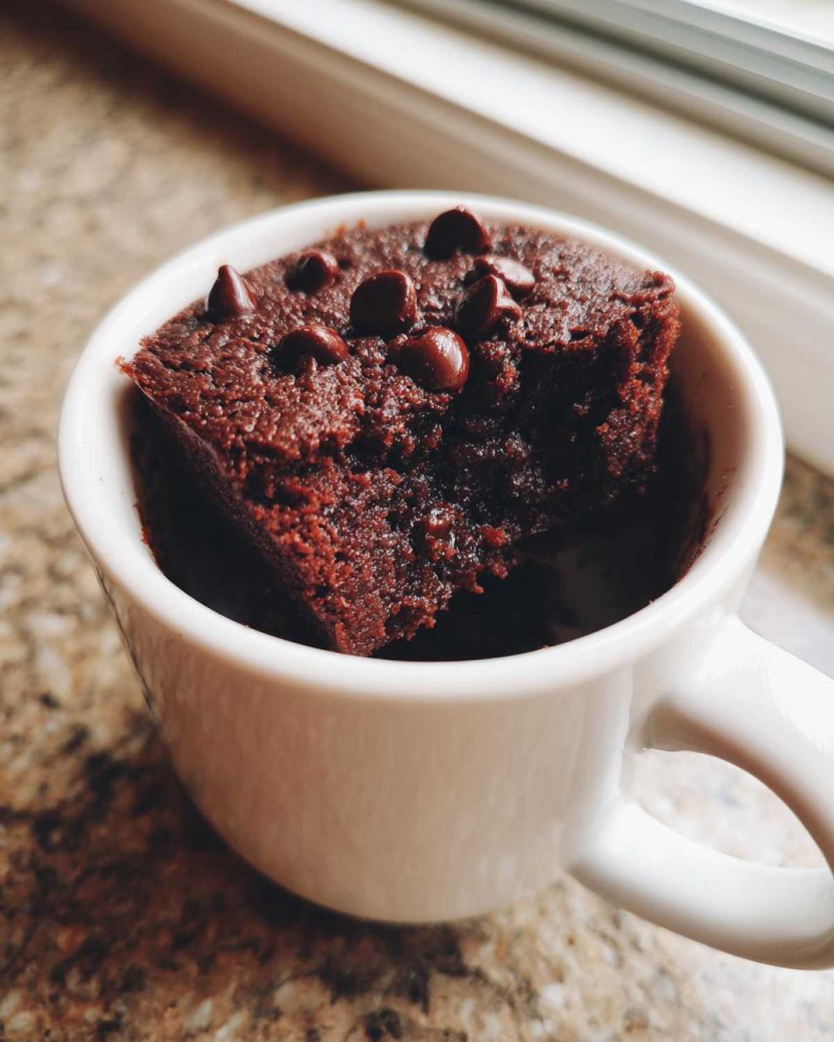 A rich, dark chocolate Cottage Cheese Microwave Brownie topped with chocolate chips, served in a white mug.