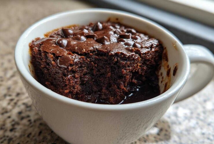 Close-up of a rich, dark chocolate Cottage Cheese Microwave Brownie baked in a white mug, topped with melted chips.