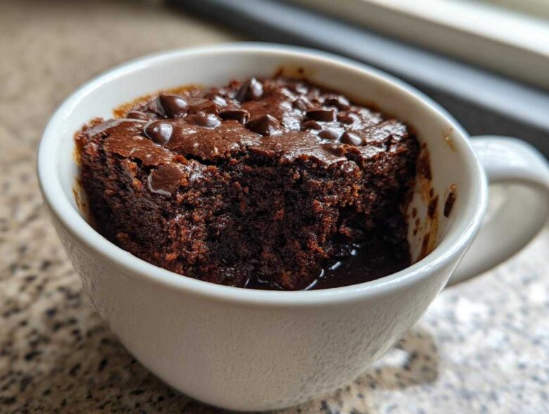 Close-up of a rich, dark chocolate Cottage Cheese Microwave Brownie baked in a white mug, topped with melted chips.