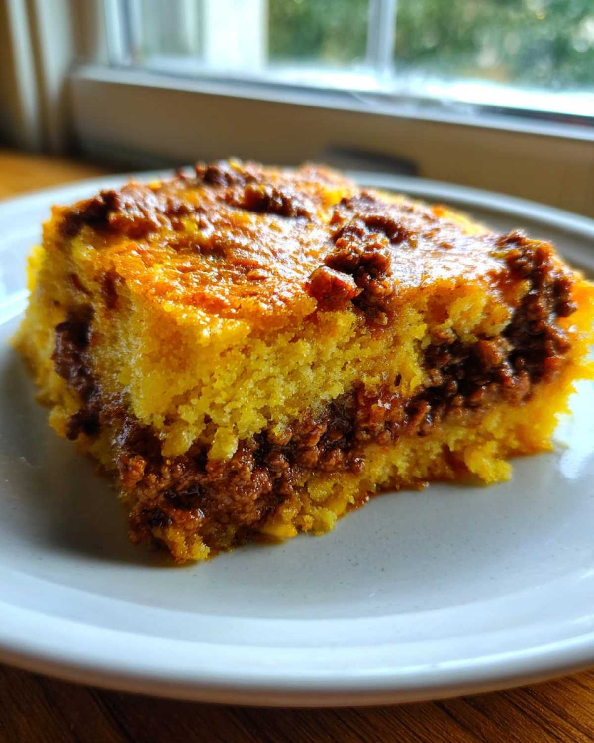 Close-up of a square slice of cowboy cornbread casserole with a savory meat filling.
