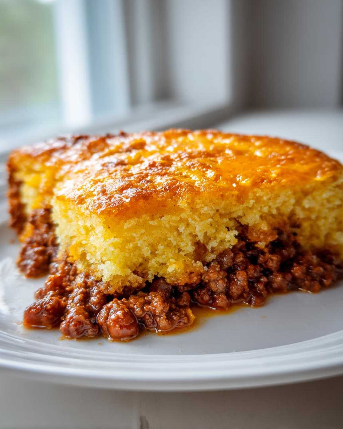 A close-up of a hearty slice of cowboy cornbread casserole with a thick layer of savory chili underneath.