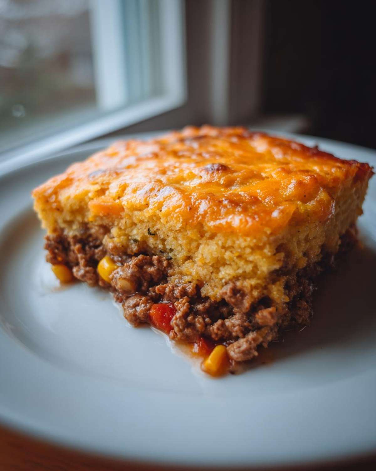 A square slice of cowboy cornbread casserole featuring a cheesy topping over a savory ground beef and corn filling.
