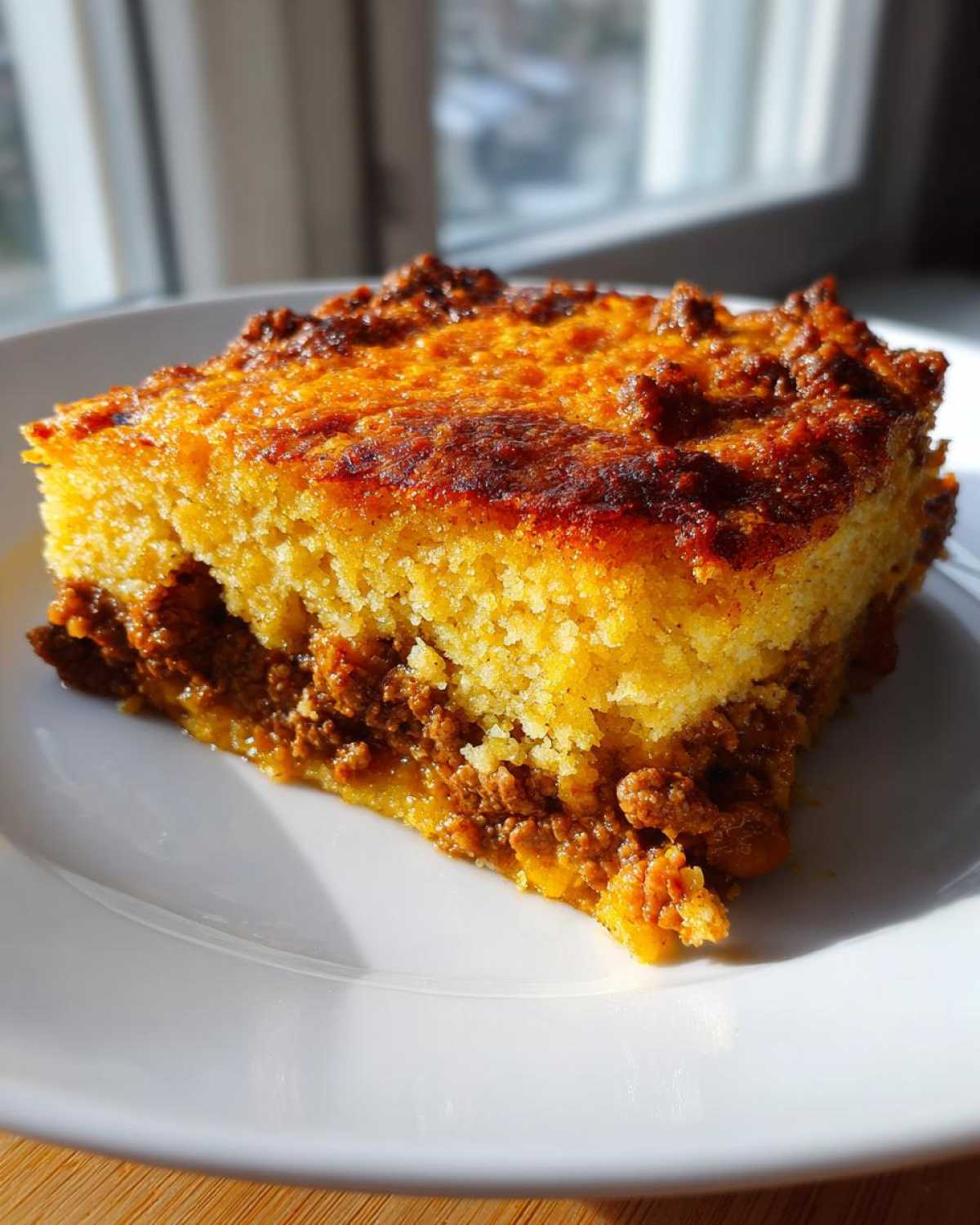 A square slice of cowboy cornbread casserole showing a thick layer of golden cornbread over a savory meat filling.