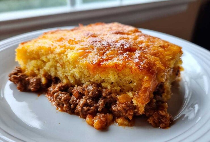 A hearty slice of cowboy cornbread casserole with a golden top and savory ground meat filling on a white plate.