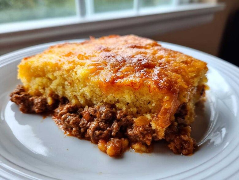 A hearty slice of cowboy cornbread casserole with a golden top and savory ground meat filling on a white plate.