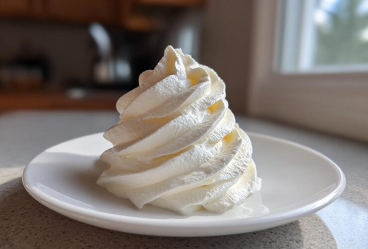 A tall, perfectly piped swirl of white cream cheese frosting sitting on a small white saucer.