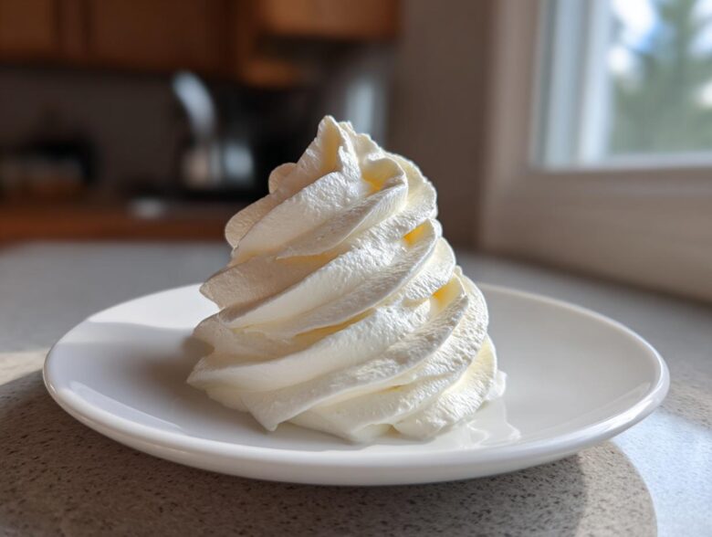 A tall, perfectly piped swirl of white cream cheese frosting sitting on a small white saucer.