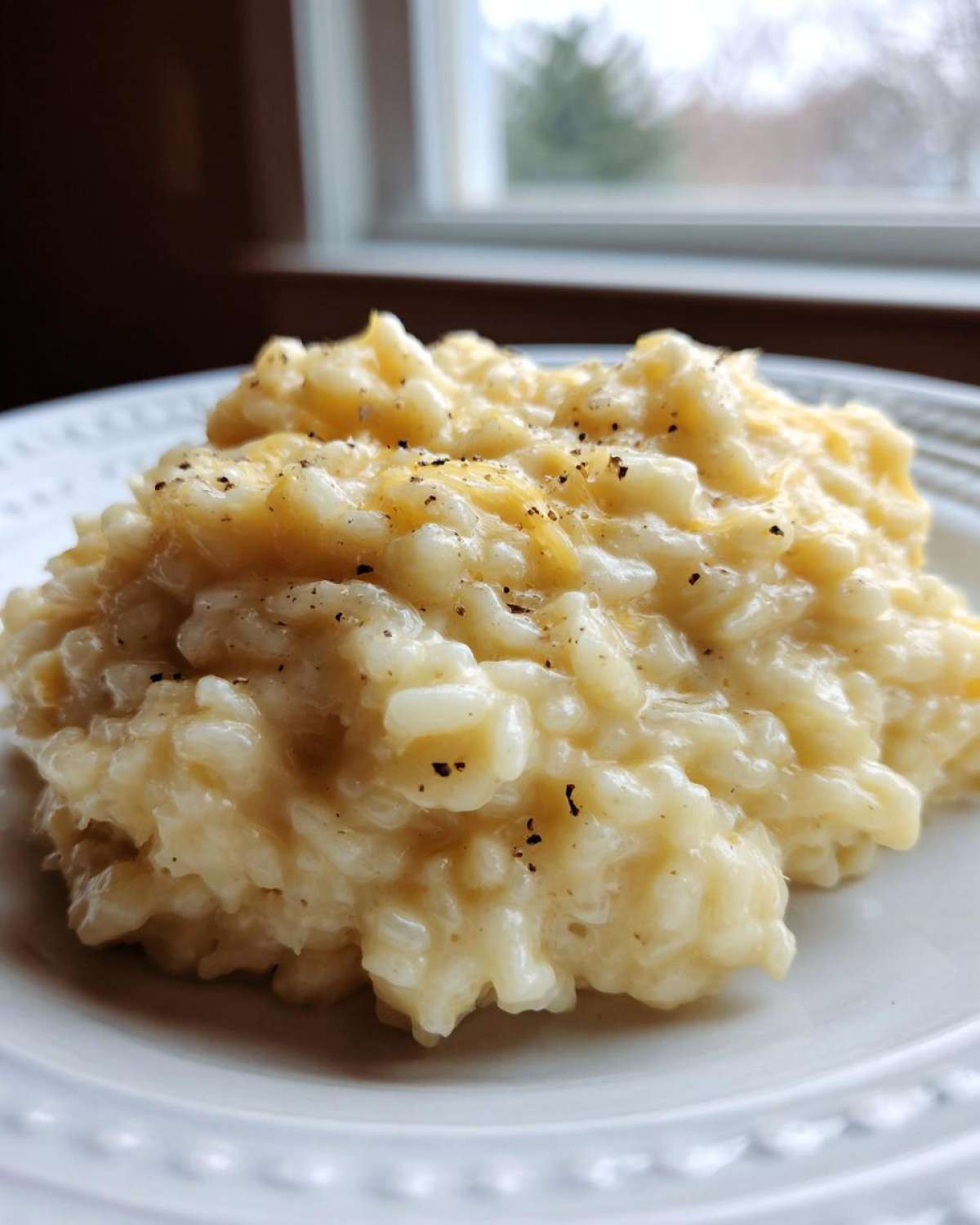 A close-up of a creamy, golden serving of cheesy rice topped with freshly ground black pepper.