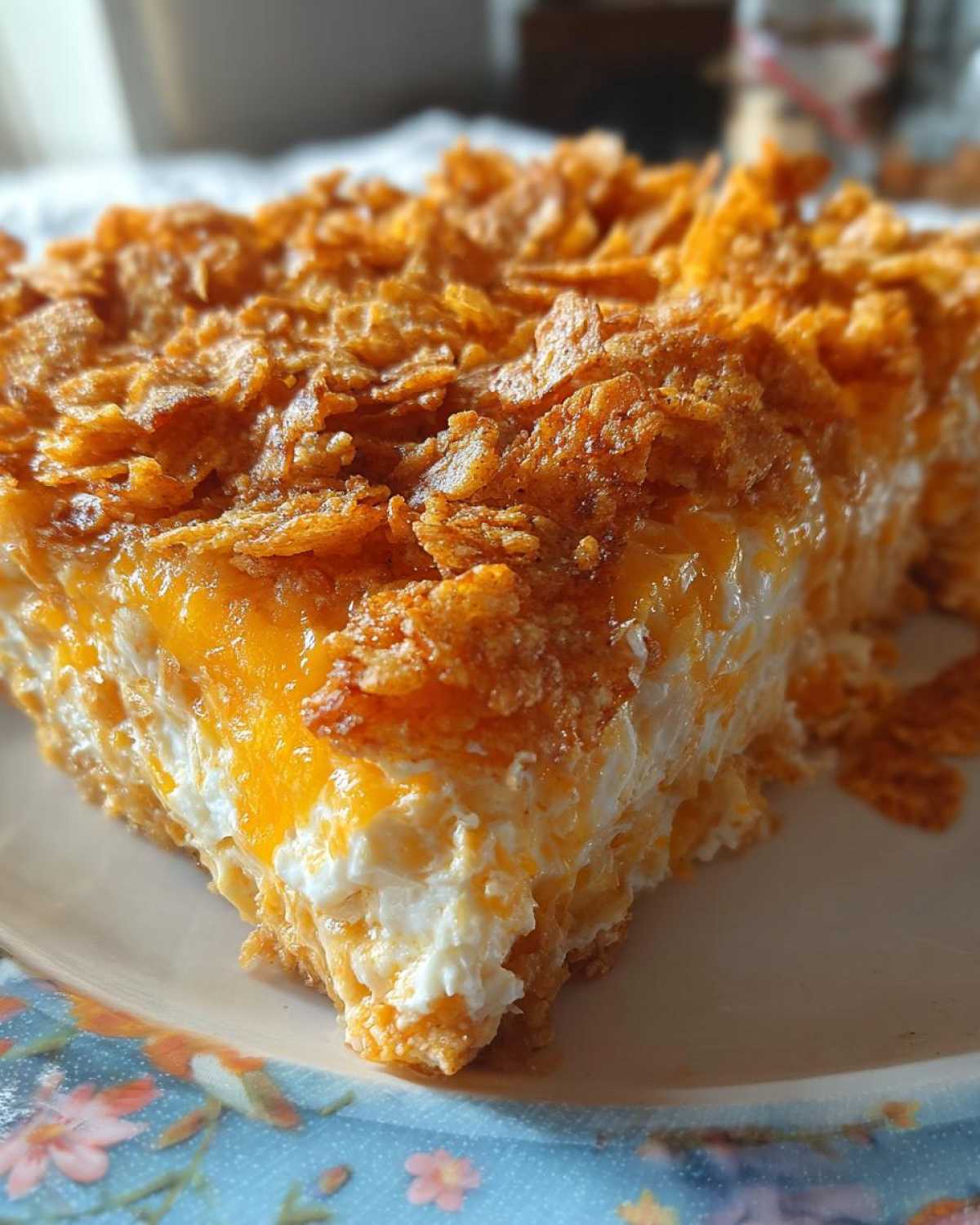 A close-up view of a square slice of Dorito Casserole showing a creamy white layer, melted orange cheese, and a crispy topping.