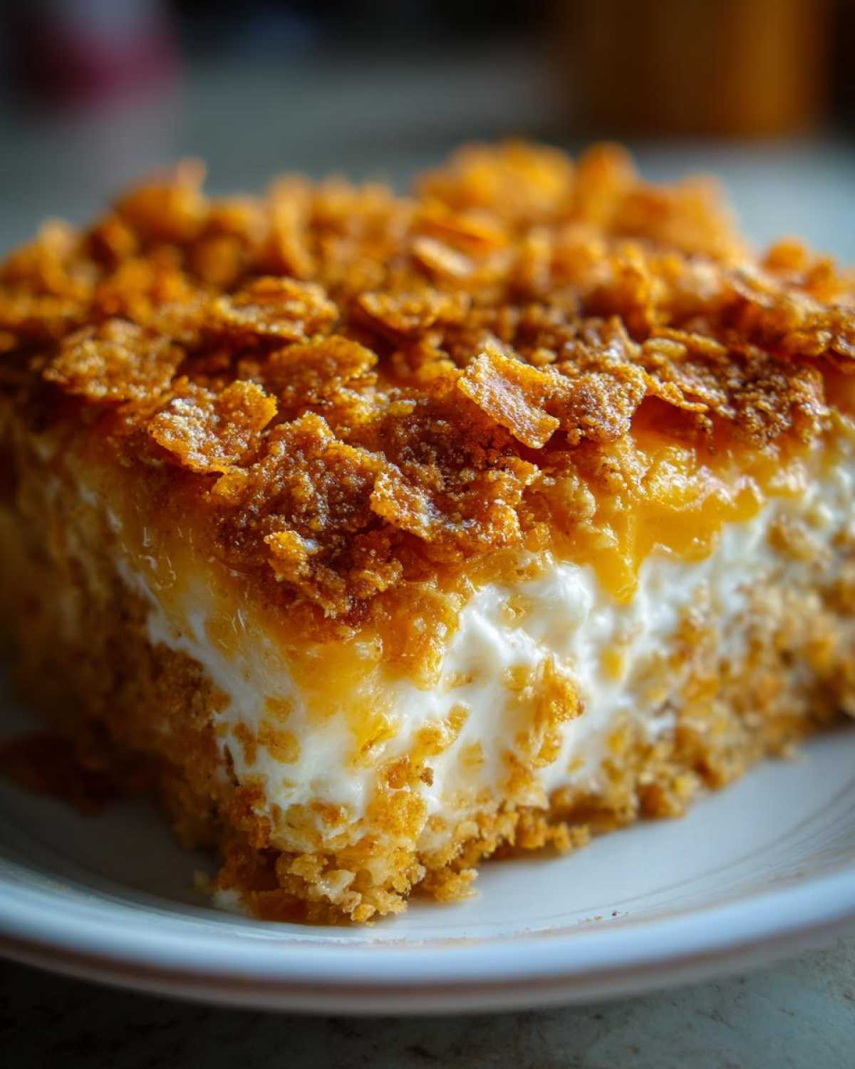 A close-up, vertical slice of a creamy Dorito Casserole showing layers of crunchy orange base, white filling, and a crispy topping.