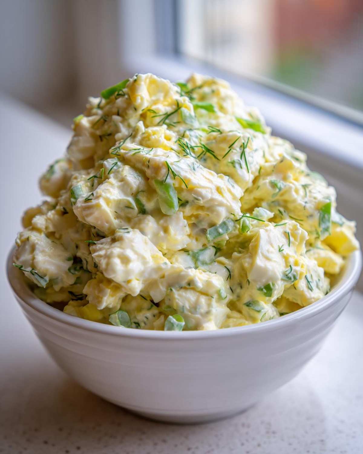 A generous serving of creamy egg salad recipe, topped with fresh dill, in a white bowl.