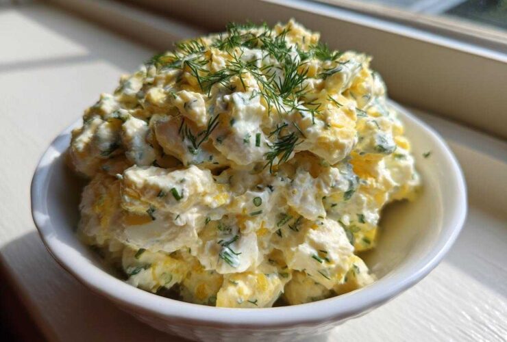 A bowl of creamy egg salad recipe, generously topped with fresh dill and chives, sitting by a sunny window.