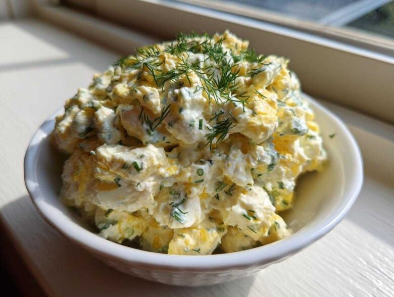 A bowl of creamy egg salad recipe, generously topped with fresh dill and chives, sitting by a sunny window.