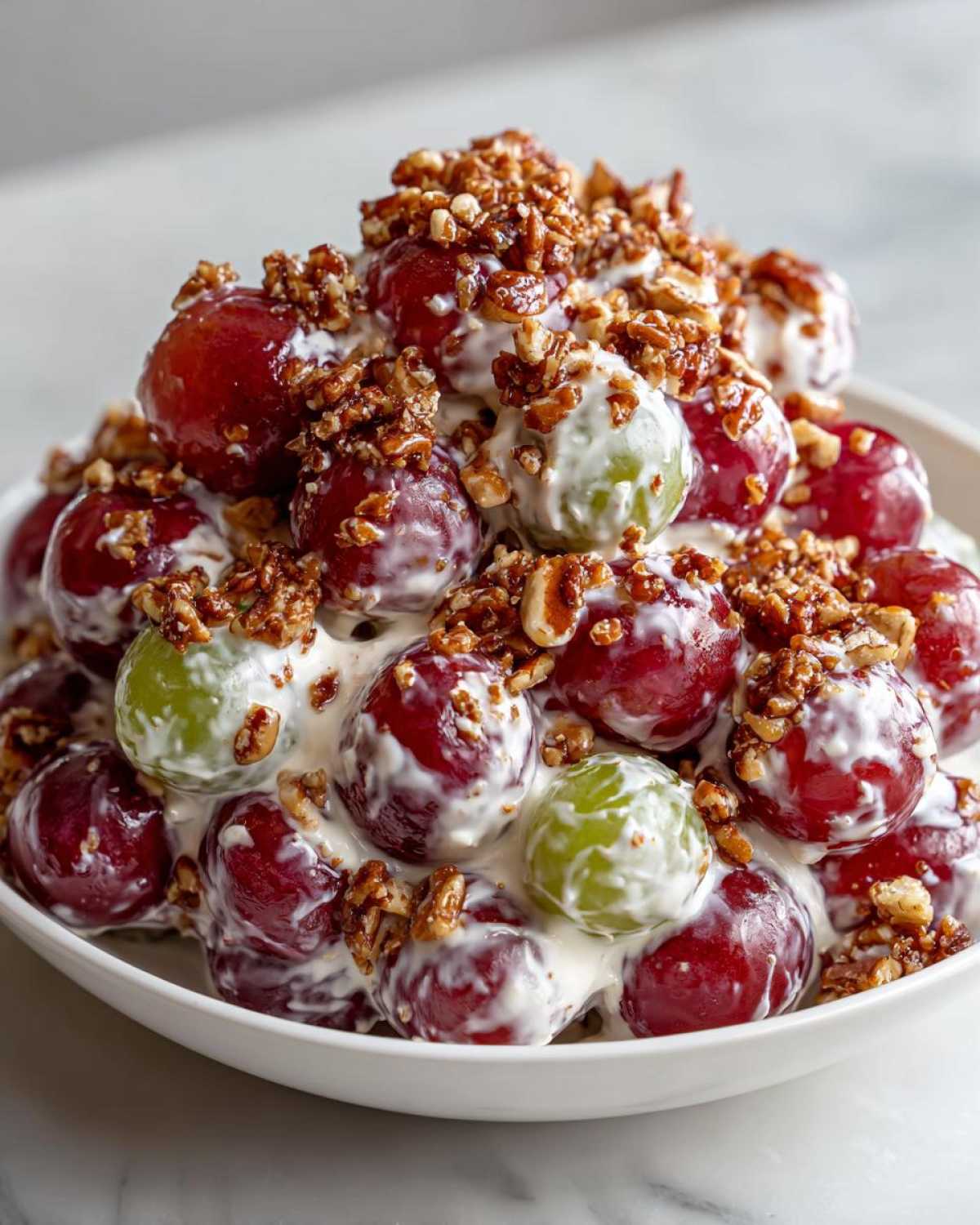 Close-up of creamy grape salad, featuring red and green grapes coated in dressing and topped with crunchy pecans.
