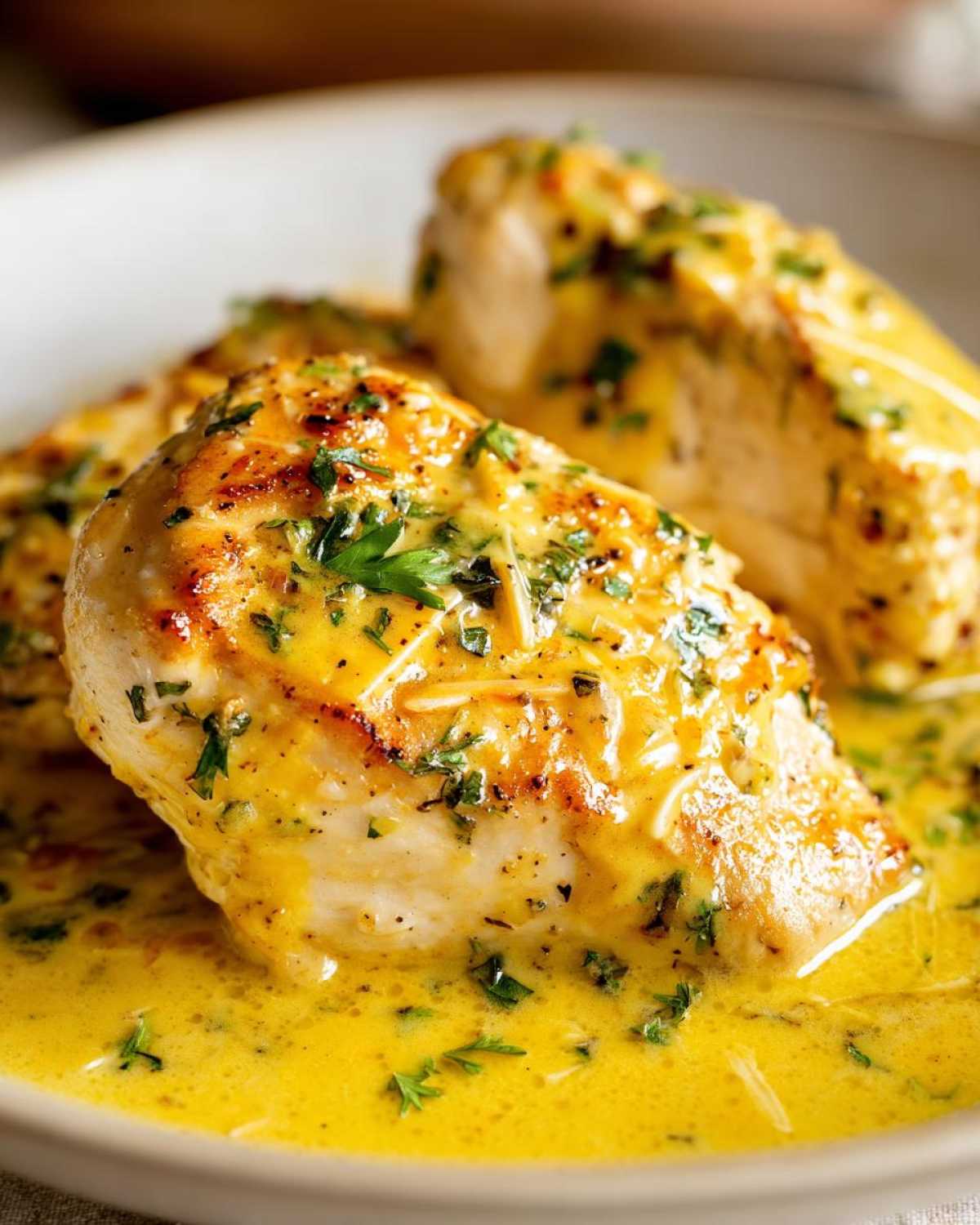 Close-up of pan-seared chicken breasts smothered in a rich, bright yellow creamy lemon chicken sauce and topped with fresh parsley.