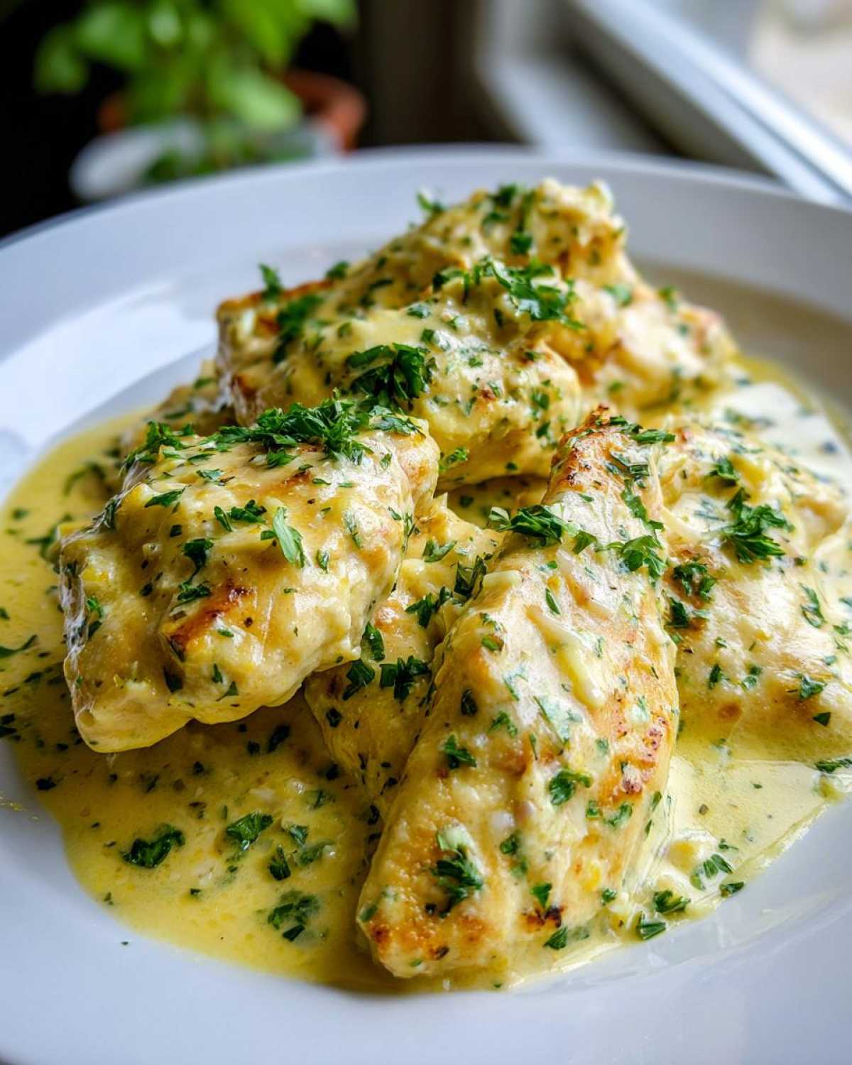 Close-up of several pieces of seared chicken breasts smothered in a rich, creamy lemon sauce and topped with fresh parsley.