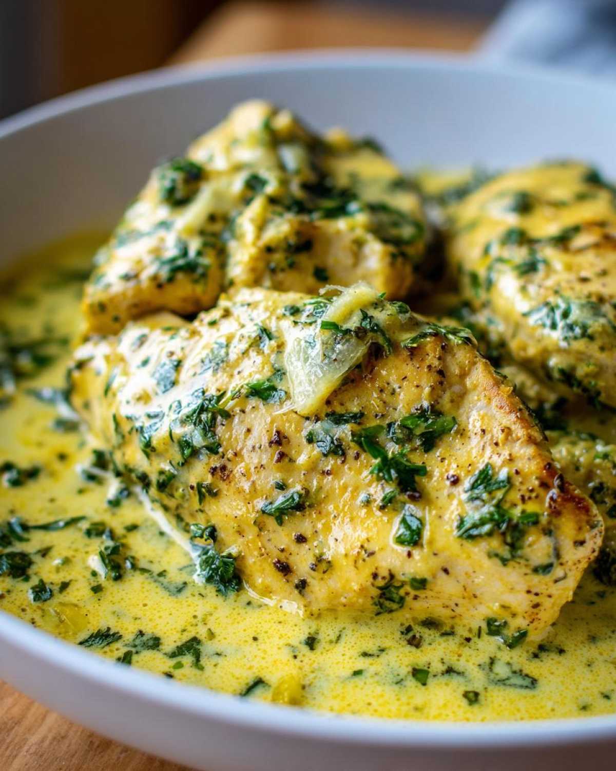 Close-up of pan-seared chicken breasts smothered in a rich, yellow creamy lemon chicken sauce dotted with fresh green herbs.