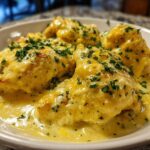 Close-up of tender chicken pieces smothered in a rich, yellow creamy lemon chicken sauce and topped with fresh parsley.