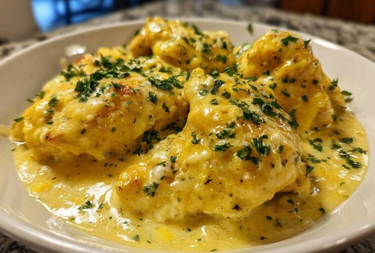 Close-up of tender chicken pieces smothered in a rich, yellow creamy lemon chicken sauce and topped with fresh parsley.