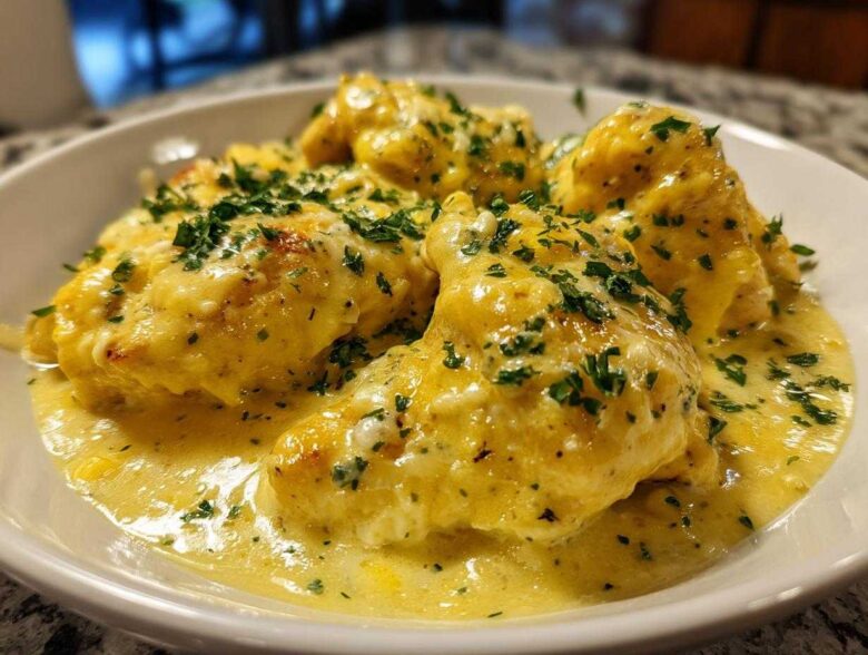 Close-up of tender chicken pieces smothered in a rich, yellow creamy lemon chicken sauce and topped with fresh parsley.