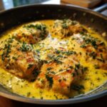 Four golden-brown chicken breasts simmering in a rich, creamy lemon sauce, topped with fresh parsley and grated cheese.