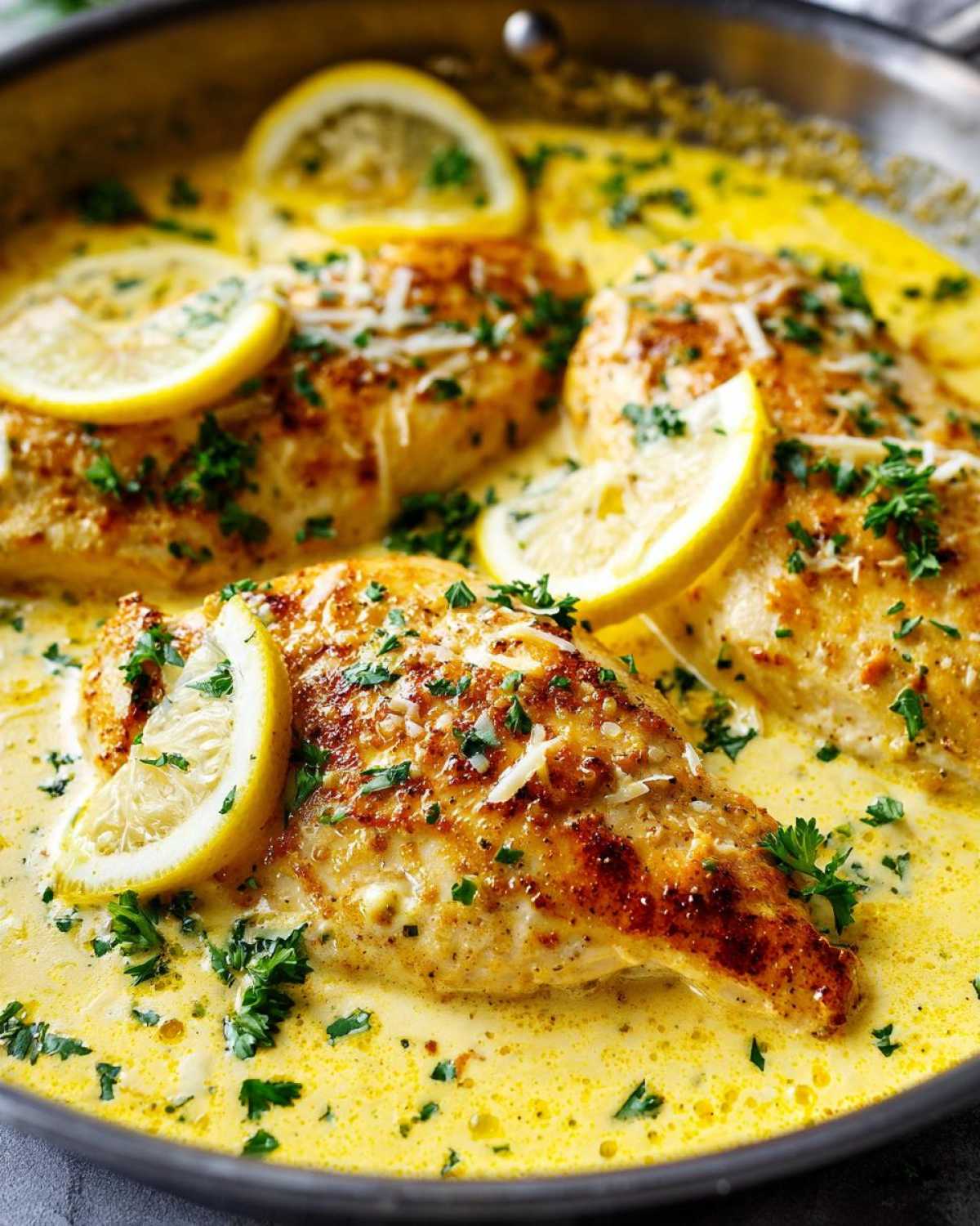 Close-up of seared chicken breasts simmering in a rich, creamy lemon sauce, garnished with lemon slices and parsley.