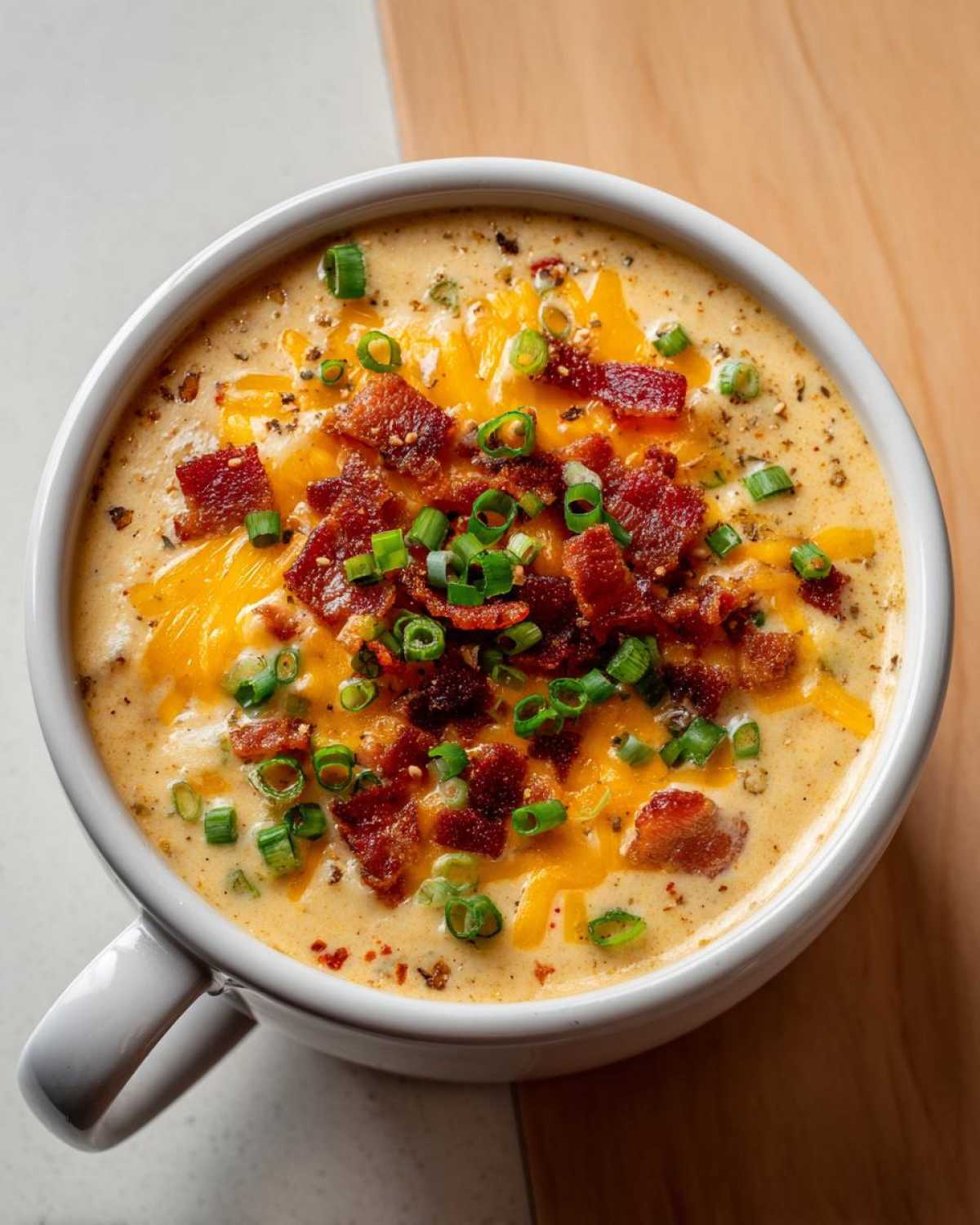 Overhead view of a bowl of creamy loaded baked potato soup topped generously with melted cheddar, crispy bacon, and green onions.