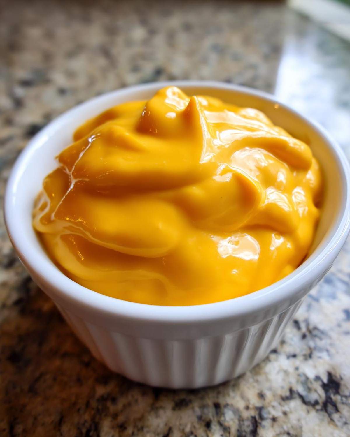 Close-up of thick, vibrant orange homemade nacho cheese sauce served in a small white ramekin.