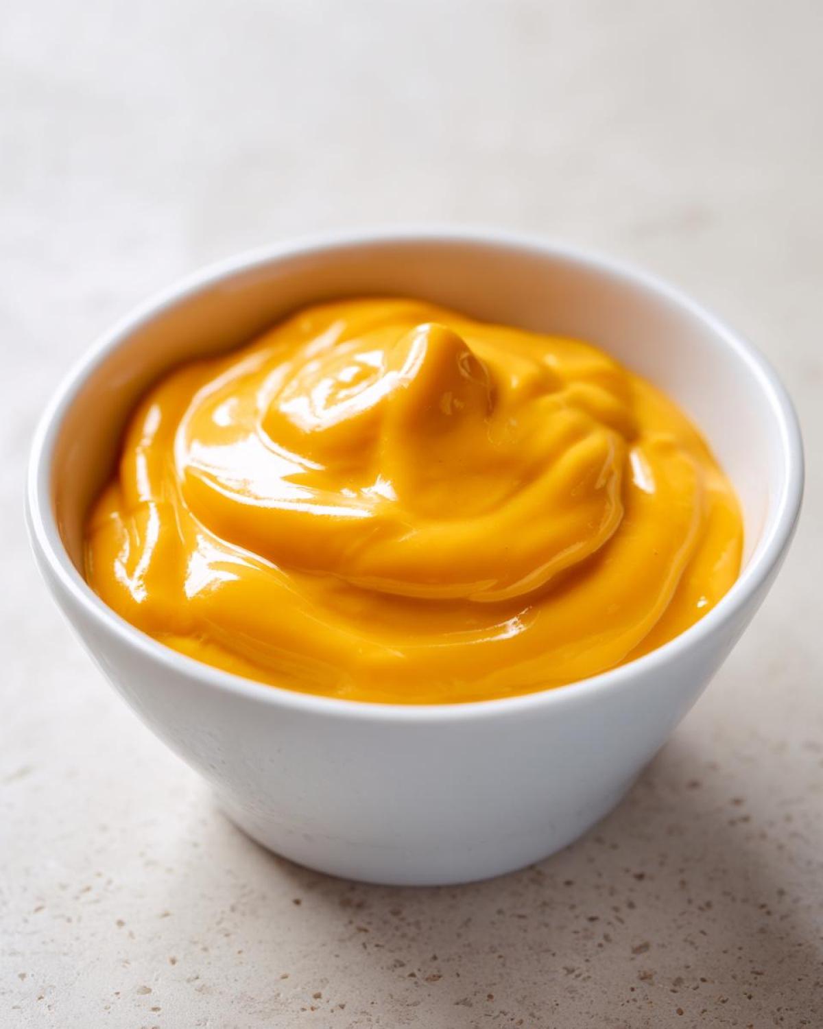Close-up of bright orange, creamy nacho cheese sauce filling a small white bowl.