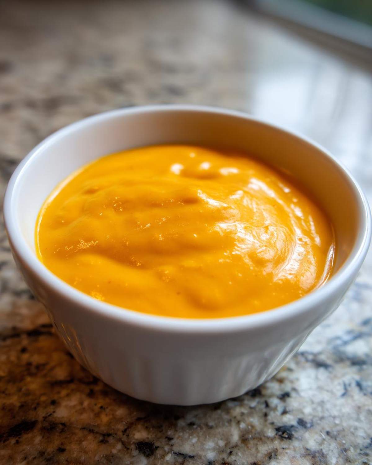 Close-up of creamy, bright orange homemade nacho cheese sauce served in a small white ramekin.