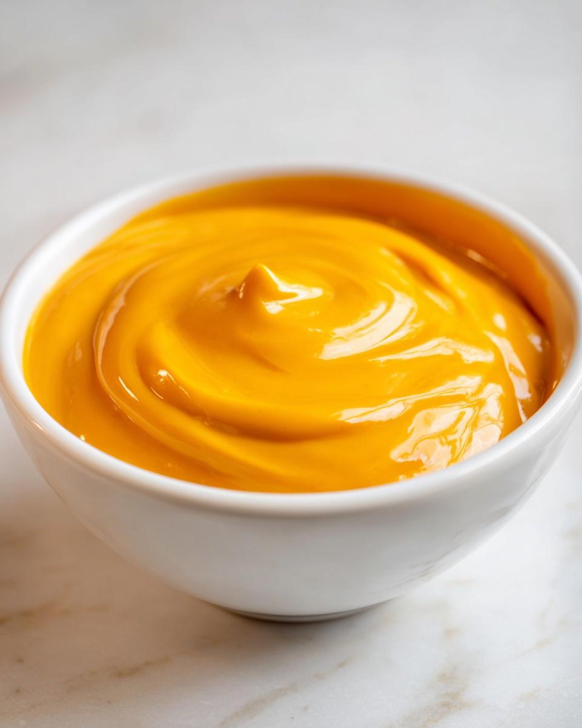 Close-up of a small white bowl filled with vibrant, smooth nacho cheese sauce, resting on a marble surface.