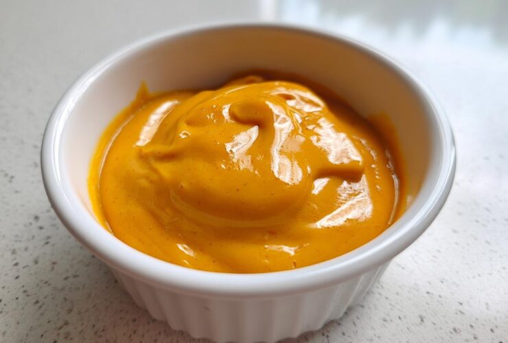Close-up of rich, vibrant orange nacho cheese sauce served in a small white ramekin.