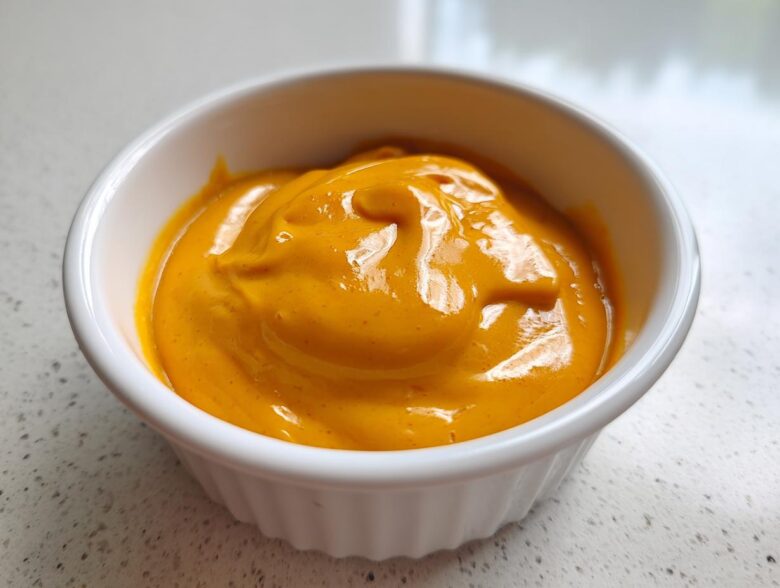 Close-up of rich, vibrant orange nacho cheese sauce served in a small white ramekin.