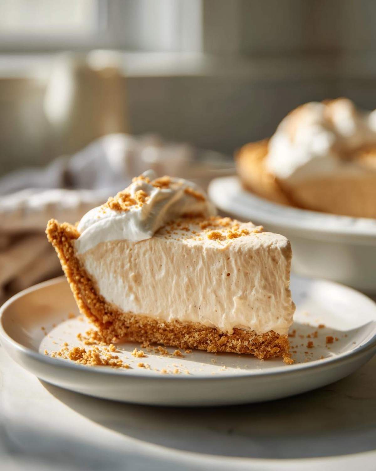 A thick slice of creamy peanut butter pie with a graham cracker crust, topped with whipped cream.