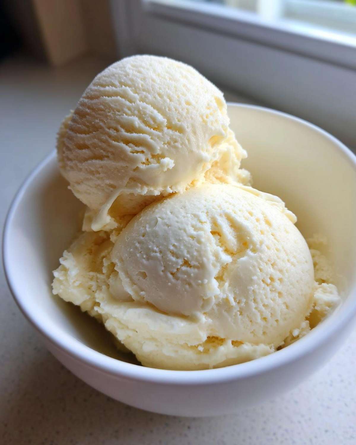 Close-up of two scoops of creamy vanilla protein ice cream in a white bowl.