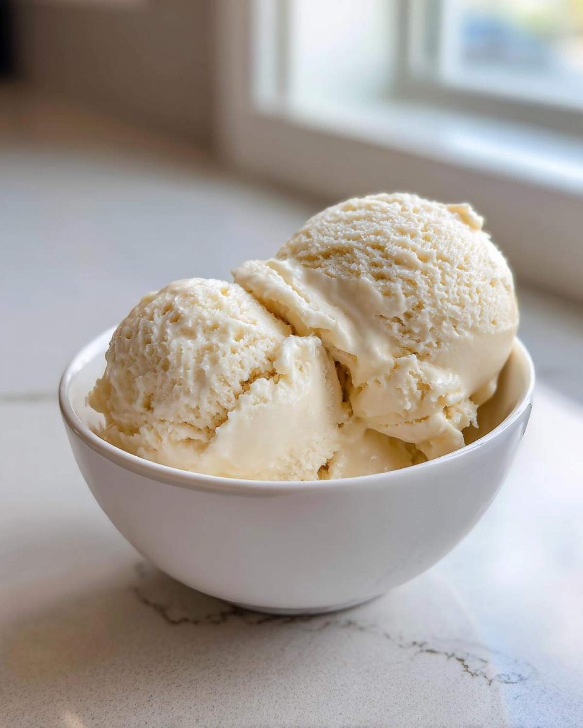 Three scoops of creamy, light-colored protein ice cream served in a small white bowl.