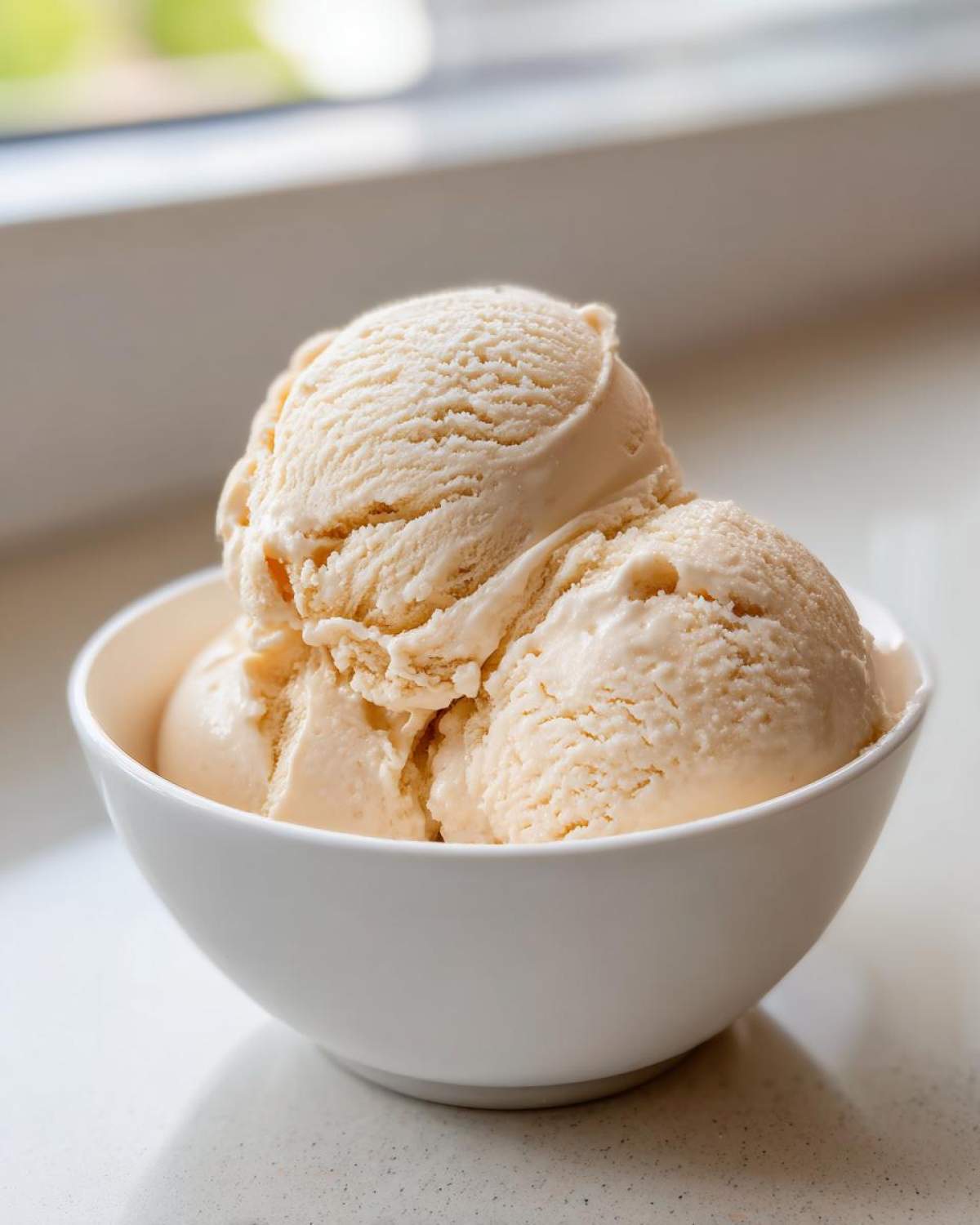Three generous scoops of creamy, light-colored protein ice cream served in a simple white bowl.