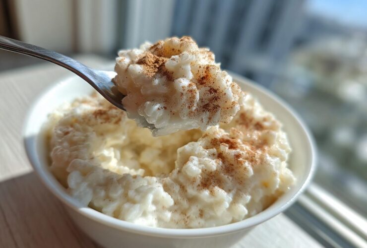 A spoonful of creamy rice pudding topped with cinnamon being lifted from a white bowl.