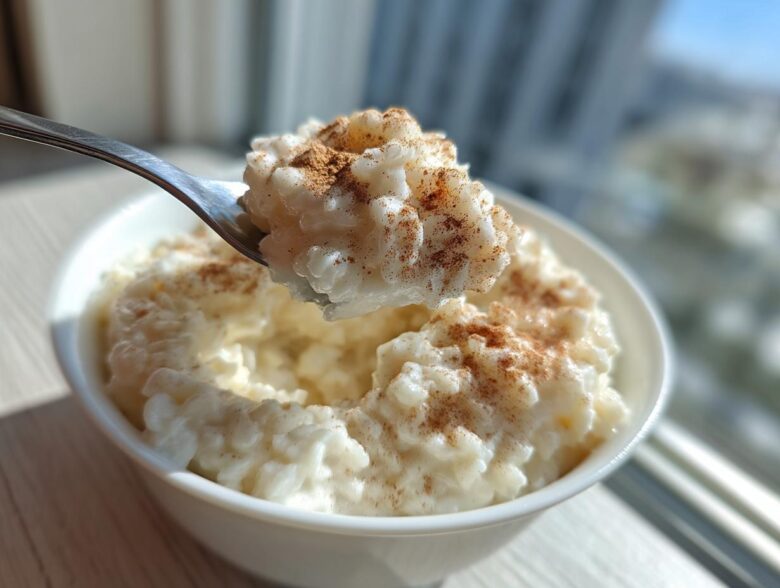 A spoonful of creamy rice pudding topped with cinnamon being lifted from a white bowl.