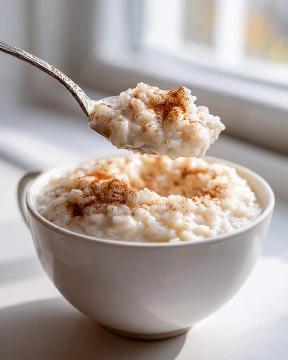 A spoonful of creamy rice pudding topped with cinnamon being lifted from a white bowl.